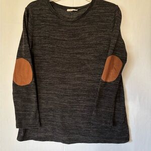 Dark Gray Long Sleeve Top with Brown Elbow Patches and Button back details.